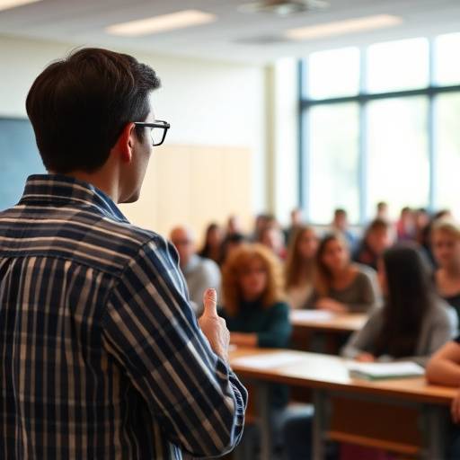 Personas practicando un discurso en un aula.