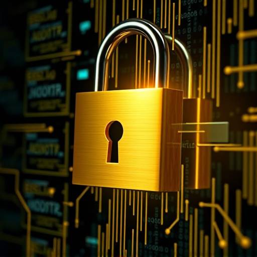 Un candado dorado protegiendo datos digitales, simbolizando la seguridad de la información.