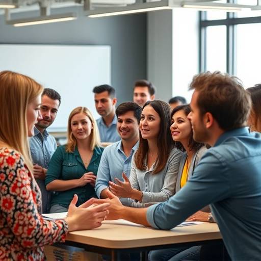 Un grupo diverso participando en un taller interactivo de debate y argumentación.