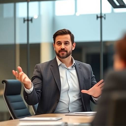 Un hombre de negocios dando una presentación segura e impecable en una sala de juntas moderna.