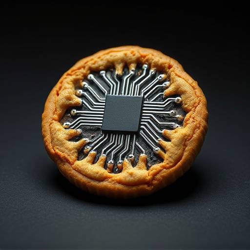 Una galleta con un circuito impreso, simbolizando una cookie informática