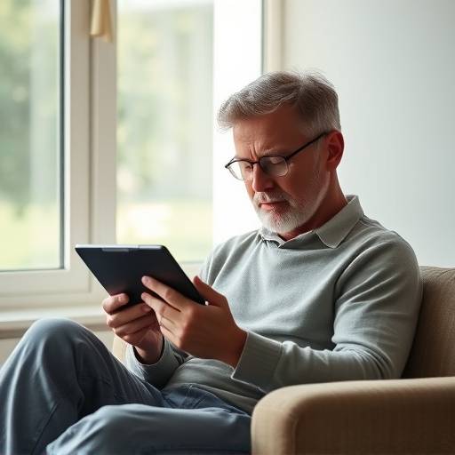 Una persona sentada leyendo atentamente un documento de política de privacidad en una tablet.